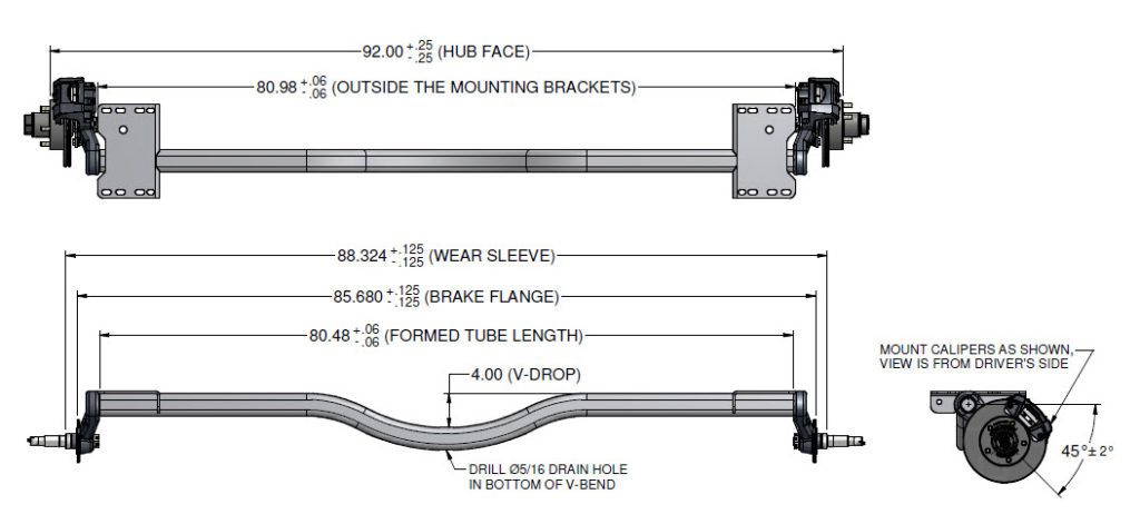 Axle 3750lb Torsion square tube with v-drop 92